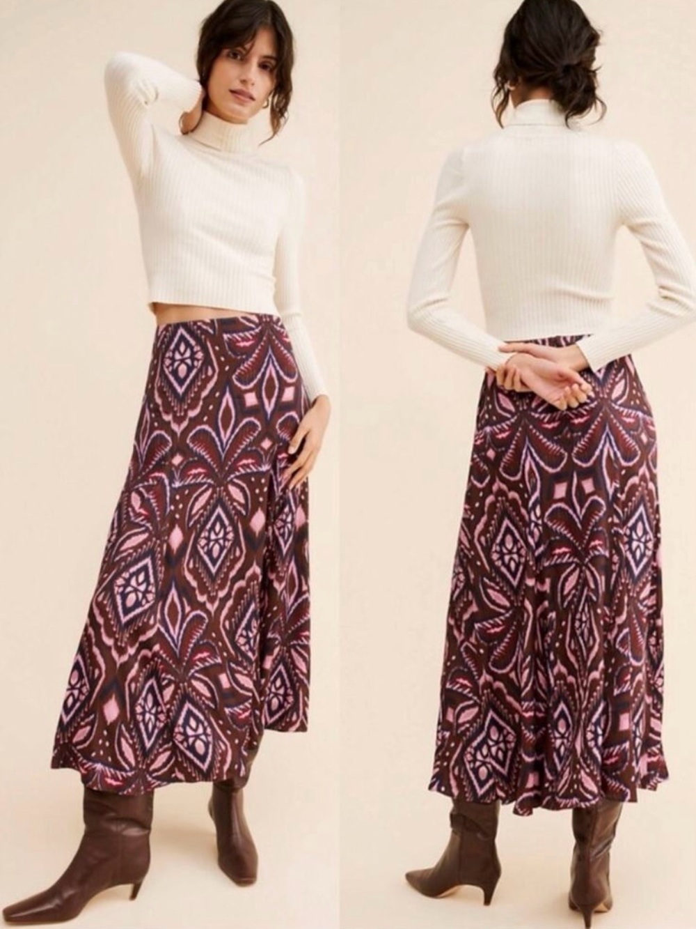 Farm Rio Bohemian Silky Satin Pineapple Ikat A-Line Midi Maxi Skirt Size Large